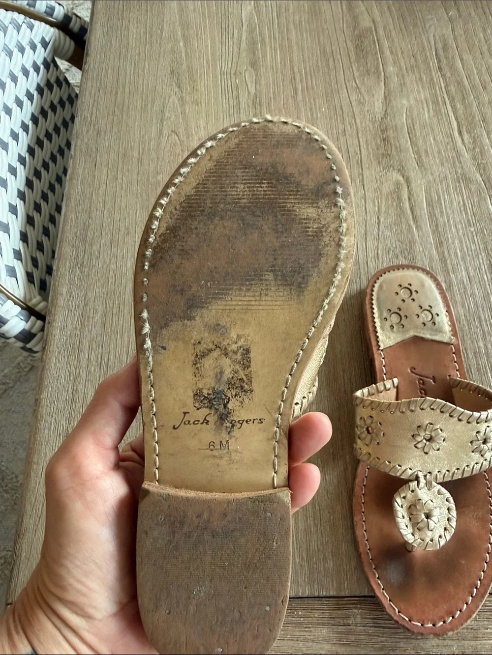 Jack Rogers Metallic Gold Floral Leather Thong Sandals